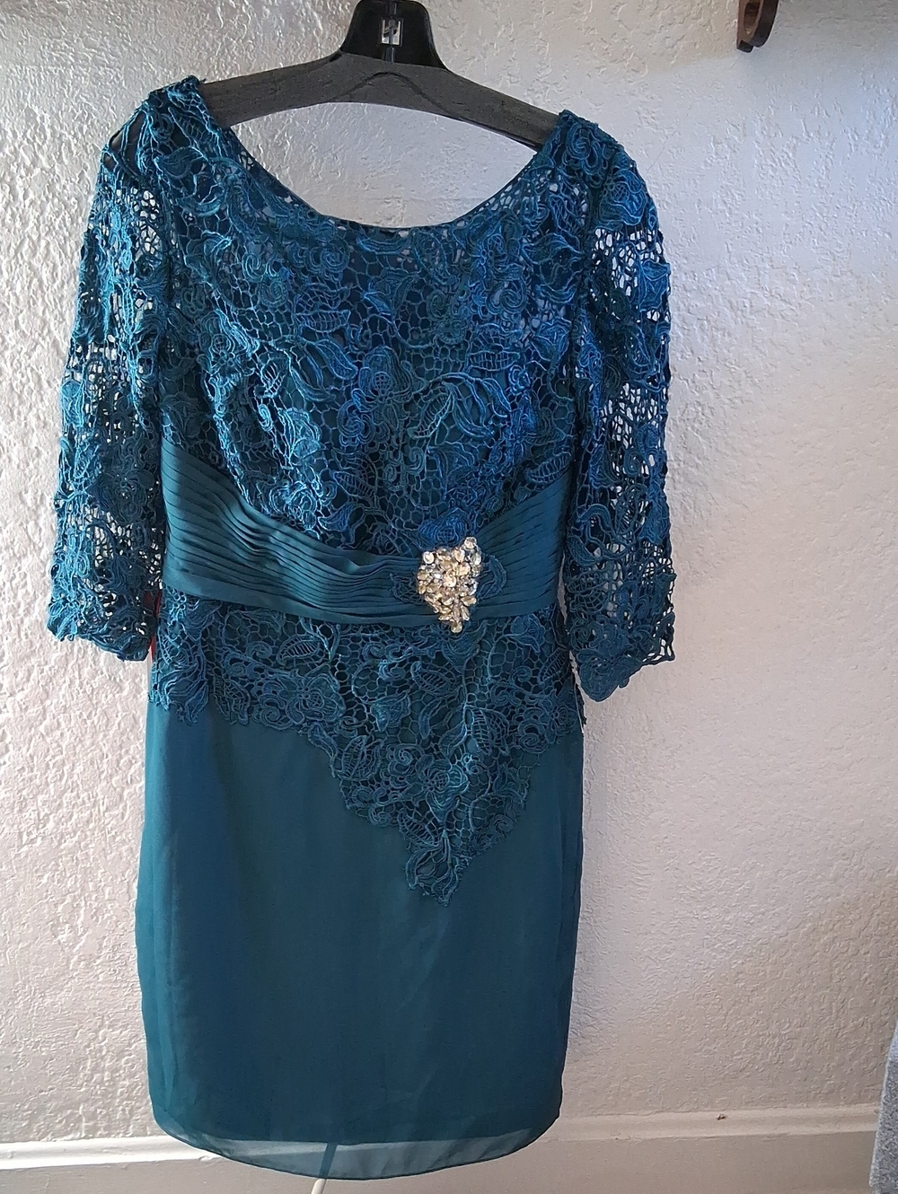 JJs House Teal Lace Midi Dress with Rhinestone Brooch